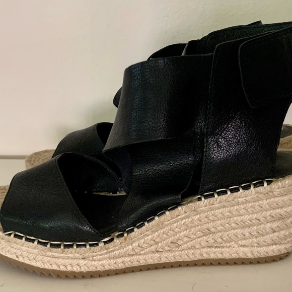 Eileen Fisher Willow Wedge Espadrille Sandal Shoe Velcro Black Leather Sz 9 - Picture 3 of 8